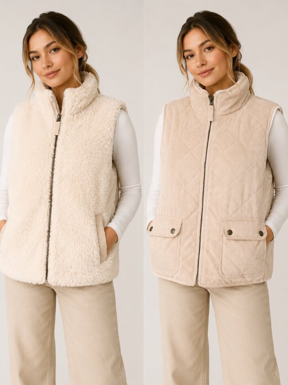 Thread & Supply Wubby Reversible Sherpa Quilted Vest Cream Beige Medium Full Zip